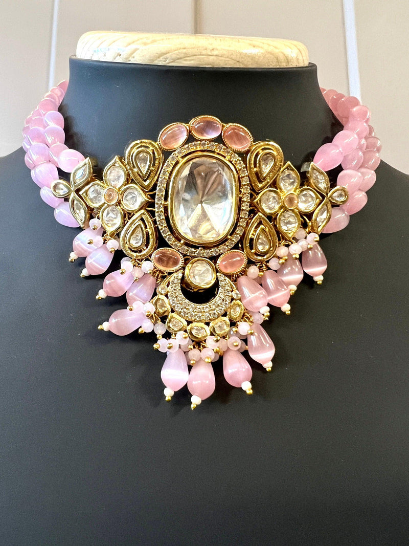 Handmade Statement Bollywood Chokar Style Necklace in Polki with CZ with Monalisa Beads in Baby Pink | Statement Party Wear Set for Women - Kaash