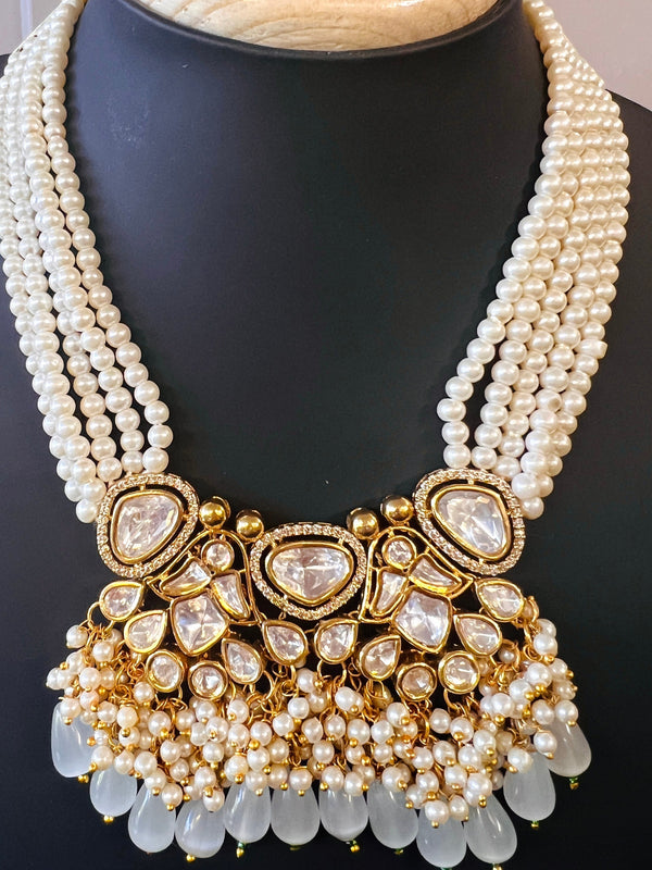 Statement Handmade Necklace in Tayani Kundan with Grey Color Monalisa Beads | Kundan Jewelry | Bollywood Style Wedding Party Jewelry