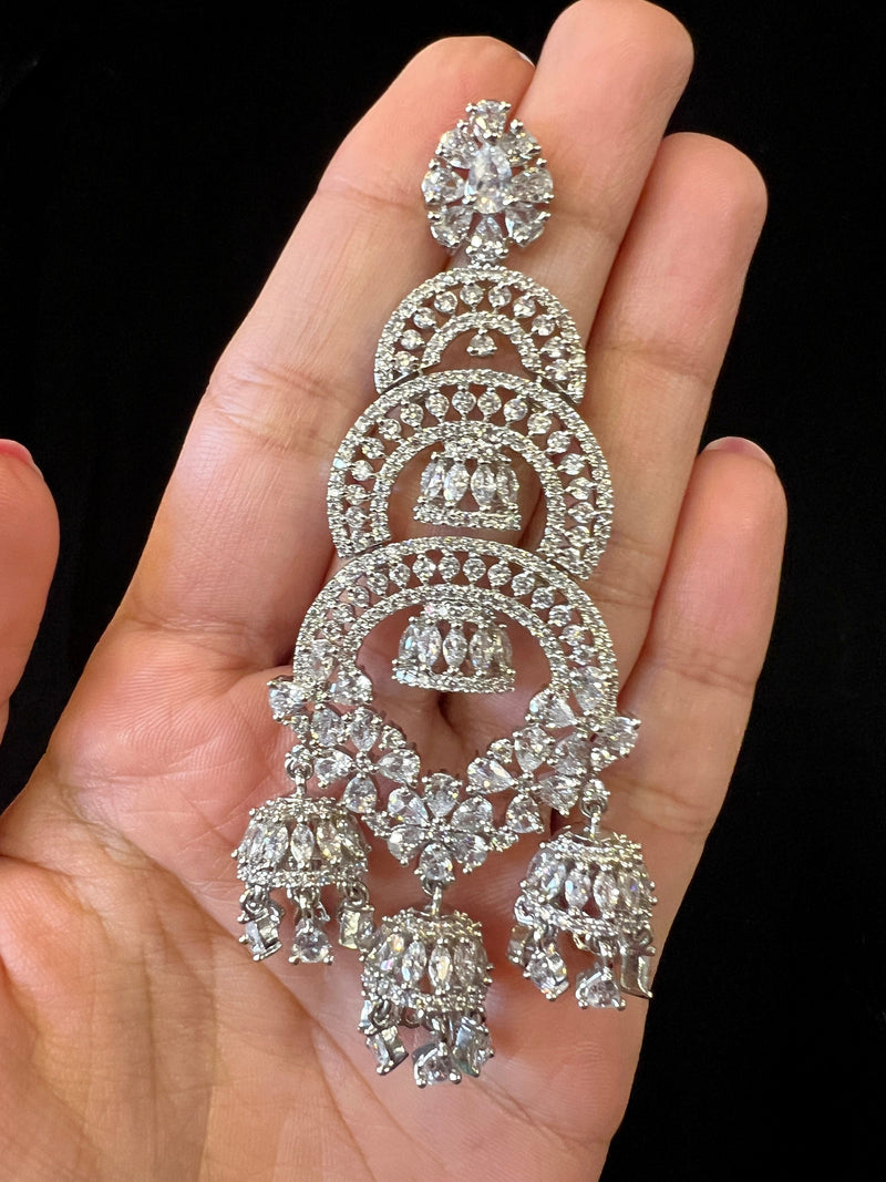 Statement Sliver Color Long and Premium Quality American Diamond Earrings with small Jumkis | Indian Jewelry | AD Earrings | Long Earrings