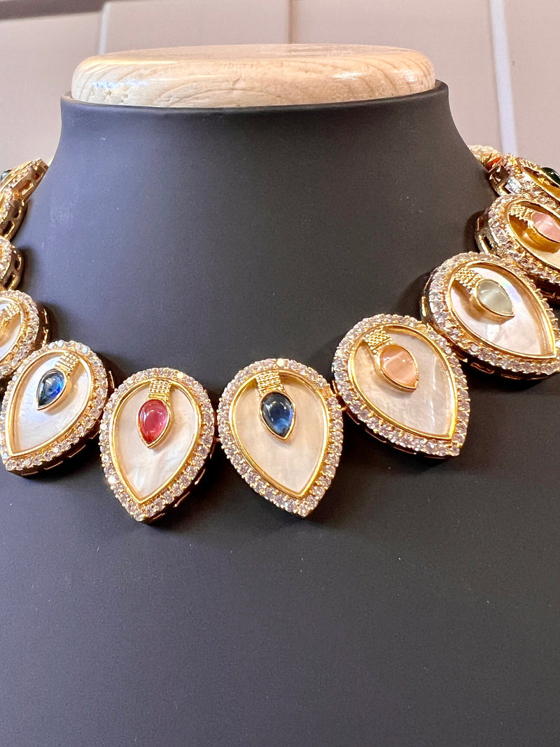 Lightweight Necklace Choker and Earrings Set in MOP Kundan | Mother Of All Kundan | Stones and Zircons | Indian Trendy and Modern Jewelry