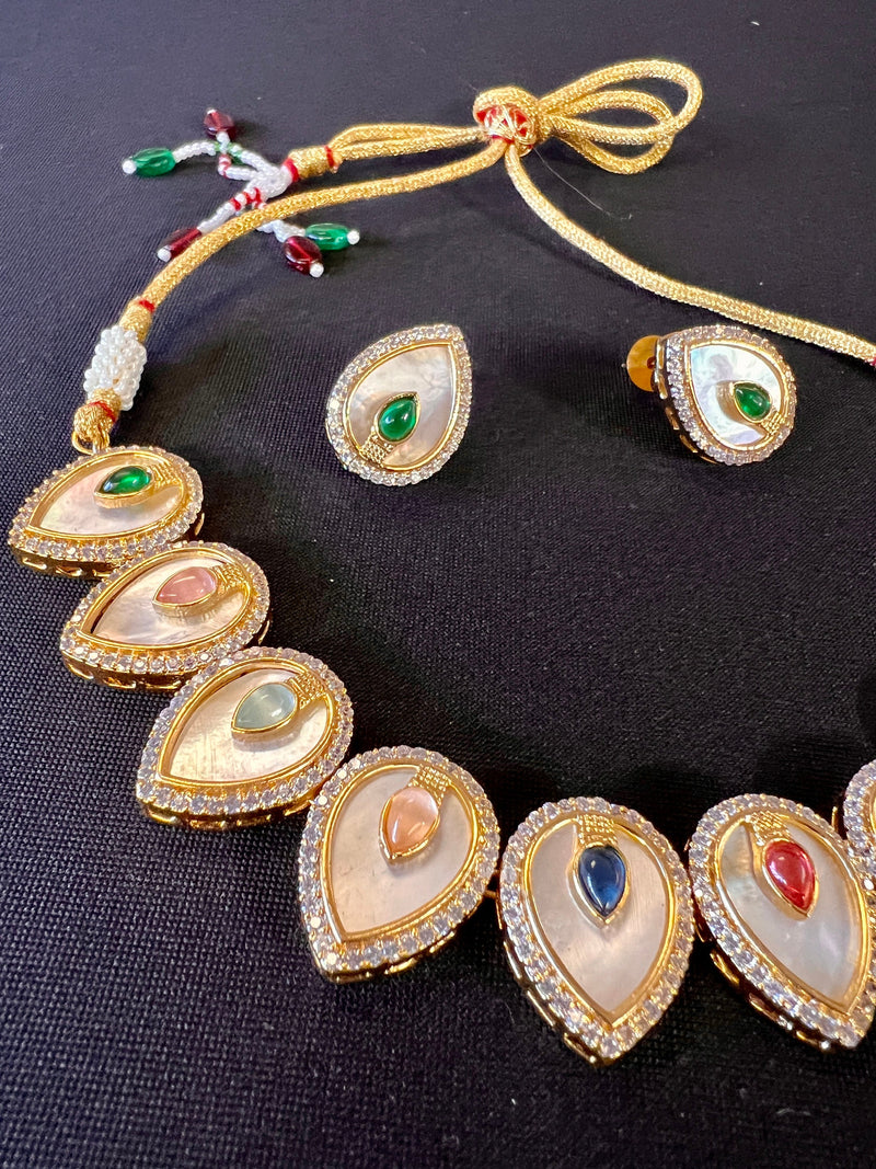 Lightweight Necklace Choker and Earrings Set in MOP Kundan | Mother Of All Kundan | Stones and Zircons | Indian Trendy and Modern Jewelry