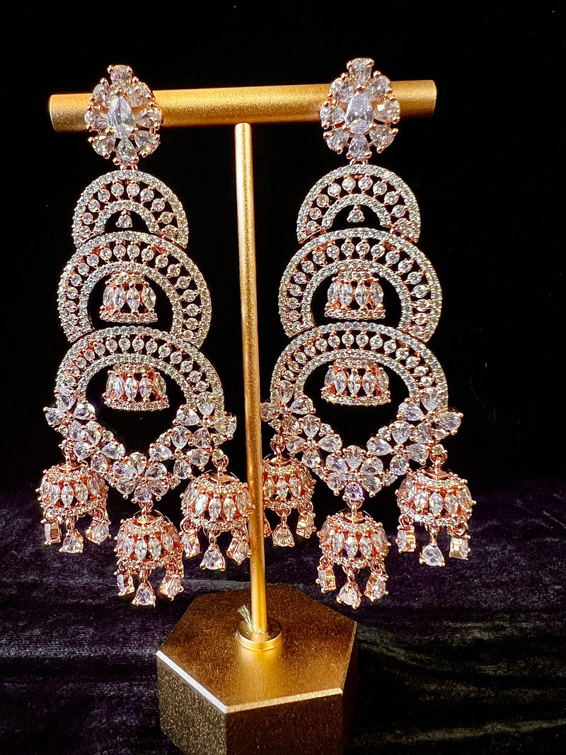 Statement Rose Gold Long and Premium Quality American Diamond Earrings with small Jumkis | Indian Jewelry | AD Earrings | Long Earrings