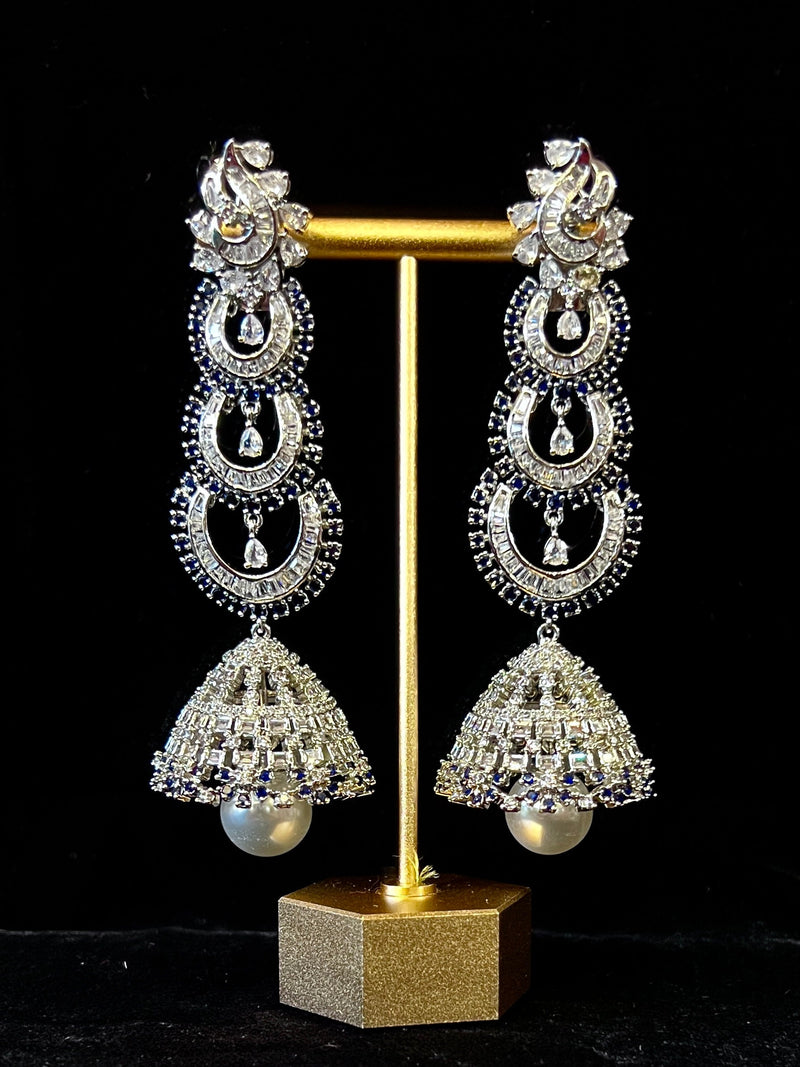Statement Sliver Color Long and Premium Quality American Diamond Jumka Style Earrings with Pearl | Indian Jewelry | | Long Earrings