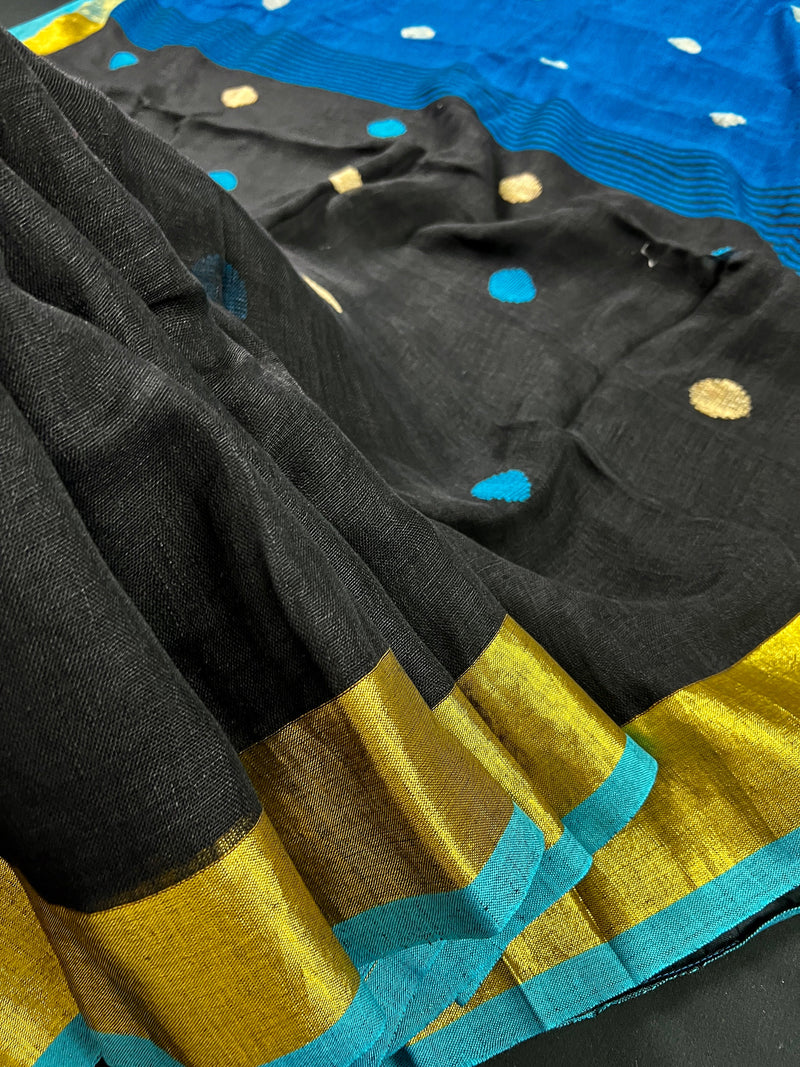 Teal Blue and Black Pure Handloom Linen Saree with Zari Border and Gicha buttis | Pure Handloom Linen Sarees | Linen Saree for Gift