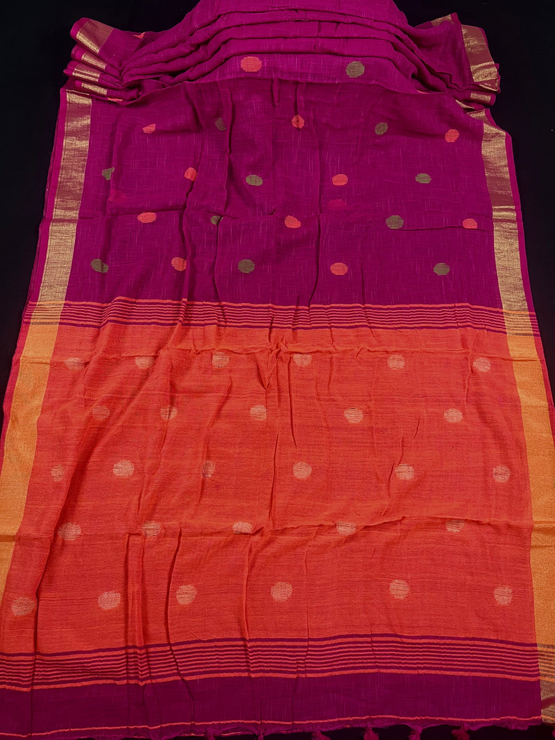 Pure Khaadi Cotton blend with Linen Pink and Bright Orange Color Saree with Zari Borders | Cotton and Linen Sarees | Indian Sarees for Gift