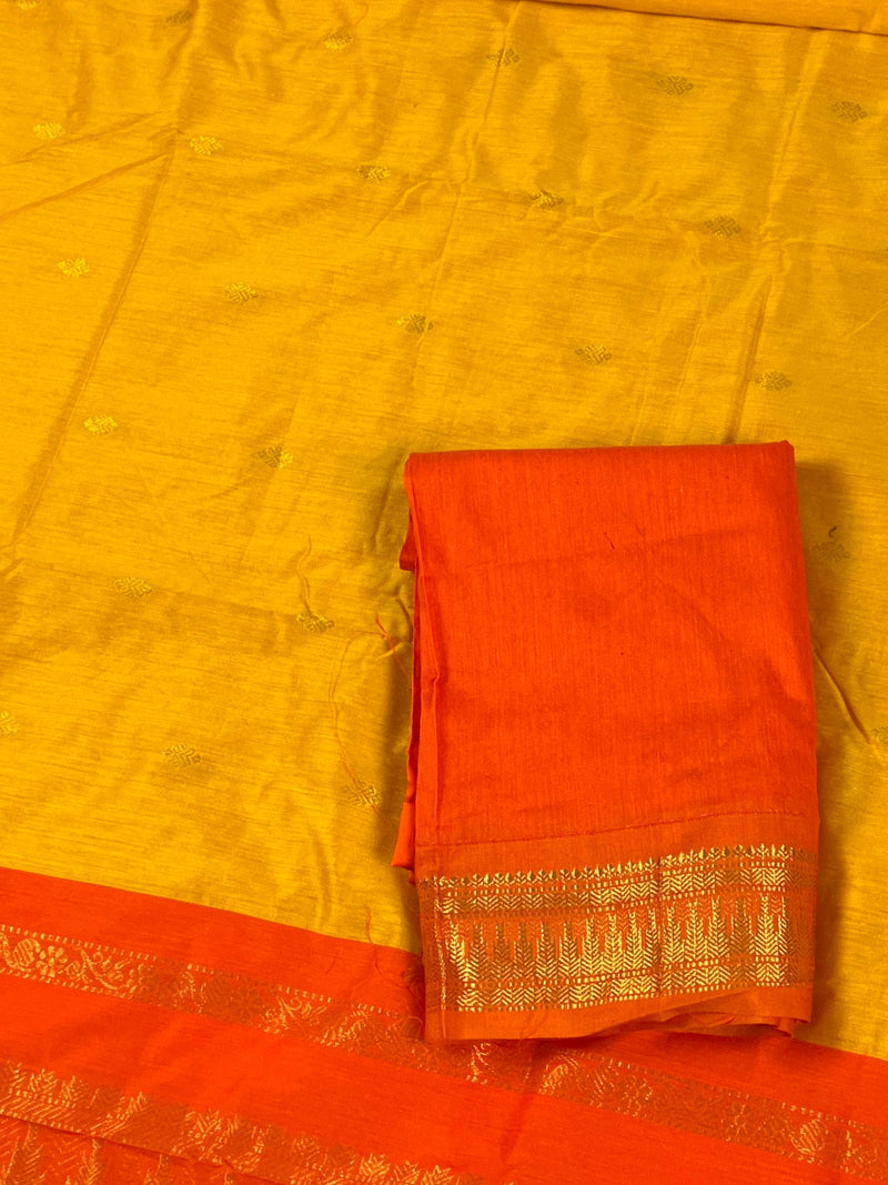 Handloom Venkatagiri Mango Yellow  with Orange Cotton Silk Saree | Venkatagiri Sarees | Cotton Silk Sarees | Temple Borders