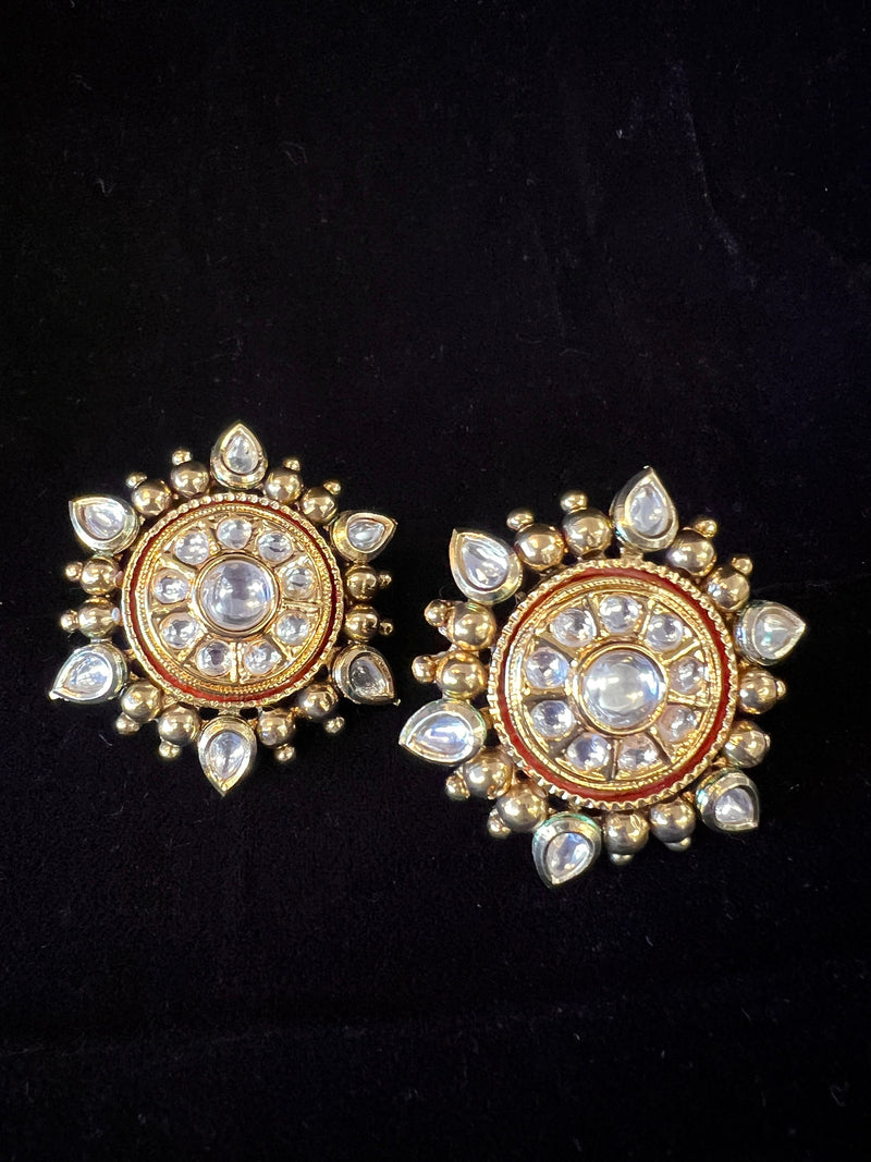 Antique Gold Finish High Quality Studs in Polki Stones  | Stud Earring for Women |  Indian Jewelry | Polki Earrings | Gift For Her