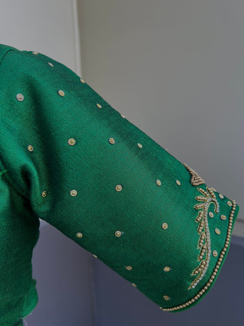 Green Color Ready to Wear Blouse in Raw Silk  | Handwork Blouses | Padded Blouse | Size - 36 | Readymade Saree Blouses | Green Color Blouse