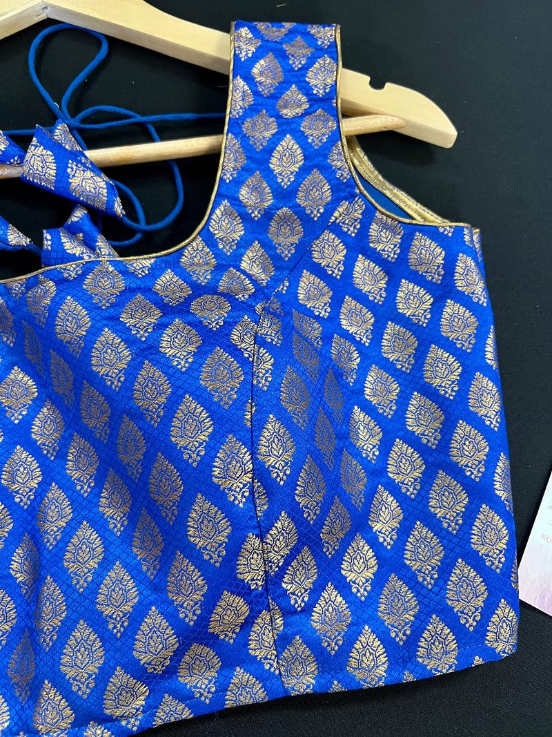Size 36 | Blue Color Stitched Sleeveless Blouse with Gold Buttis Pure Banarasi  | Readymade Blouse | Pink Ready to Wear Banarasi Blouse
