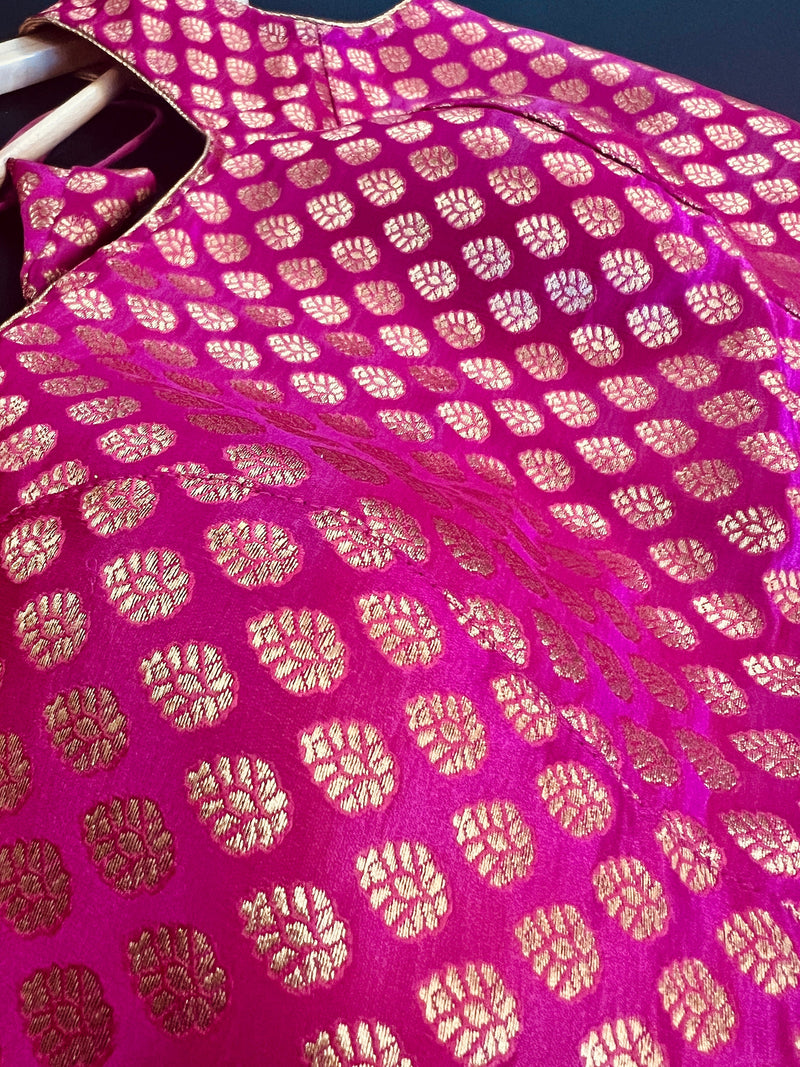 Hot Pink Stitched Sleeveless Blouse with small Gold Buttis Pure Banarasi | Size 36 Pink Color Ready to Wear Blouse | Pink Color Saree Blouse