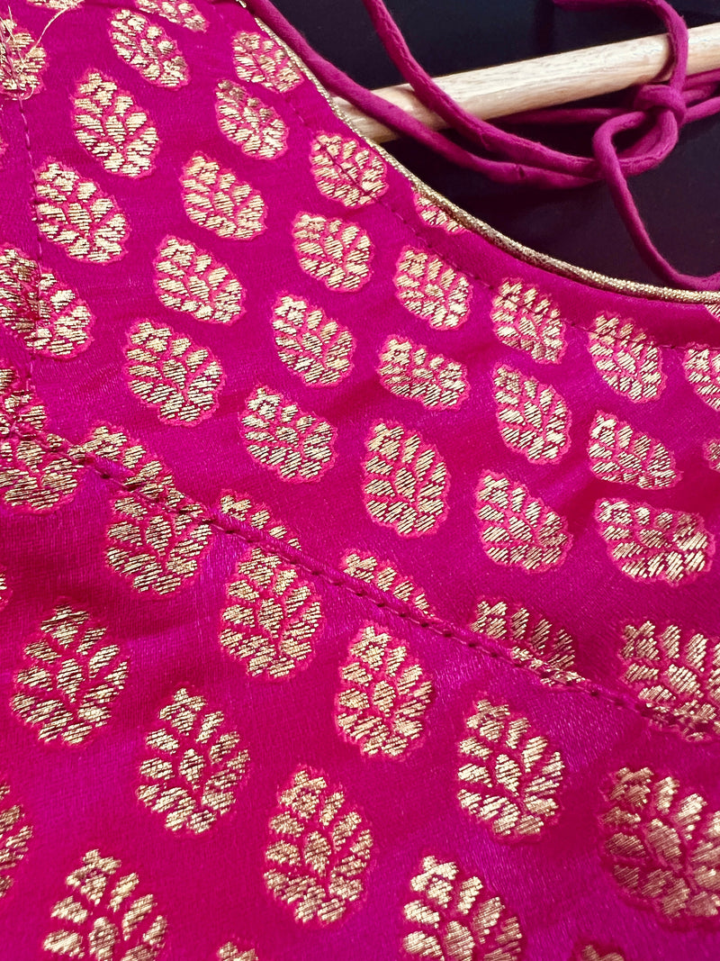 Hot Pink Stitched Sleeveless Blouse with small Gold Buttis Pure Banarasi | Size 36 Pink Color Ready to Wear Blouse | Pink Color Saree Blouse