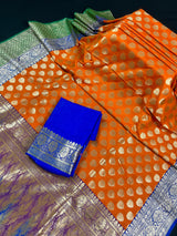 Orange with Bottle Green and Blue Color combination Traditional Handloom Banarasi Saree with Satin Border