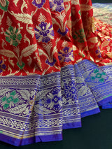 Red and Blue Banarasi Jaal Saree with Meenakari Work and Pink combination | Soft Silk Handloom | Banarasi Silk Sarees