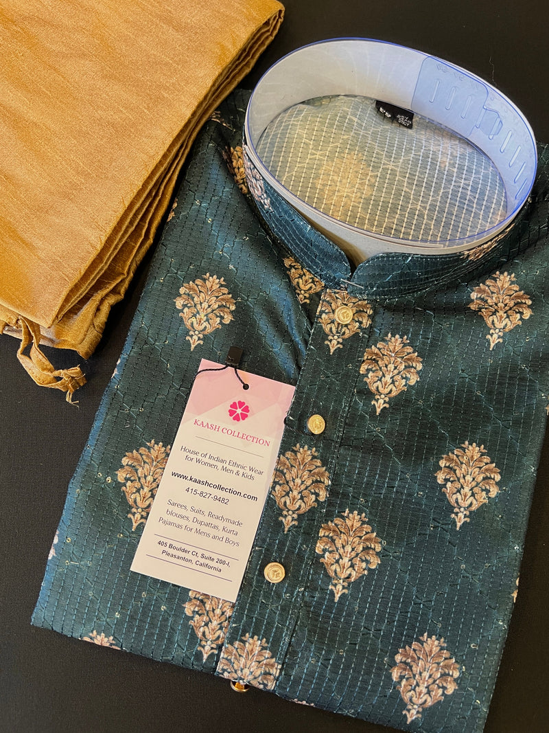 Bottle Green Designer Kurta with Floral Digital Print in Soft Butter Silk with Thread and Sequence Work | Mens Ethnic Wear | Kurta Store