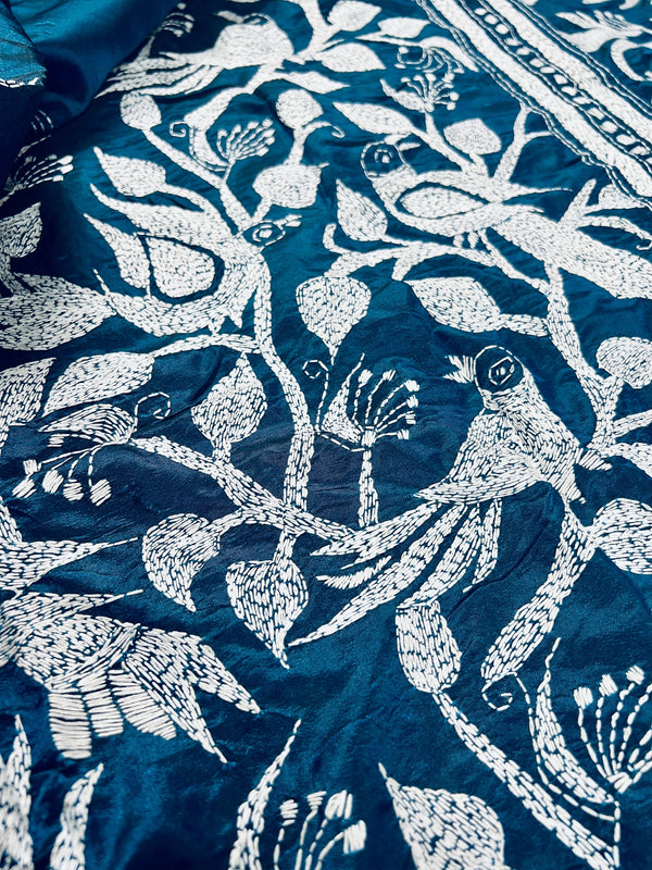 Vibrant Teal Blue Color Bangalori Silk Saree Hand Kantha Stitch with Birds Motifs  | Handwoven Kantha Stitch Saree | Kantha Saree