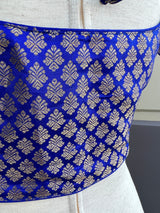 Royal Blue Color Brocade Blouse with Muted Gold Zari Weave  | Princess Cut ReadytoWear Blouses | Stitched Blouses for Sarees