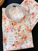 Pearl White Base Floral Pattern Digital Printed  Soft Satin Silk with White Churidar Bottom | Floral Kurta for Men | Men Ethnic Wear