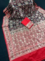 Black and Red Ikkat Design Banarasi Silk Weaved Saree | Banarasi Soft Handloom Silk Sarees | Party Wear Traditional Black and Red Saree