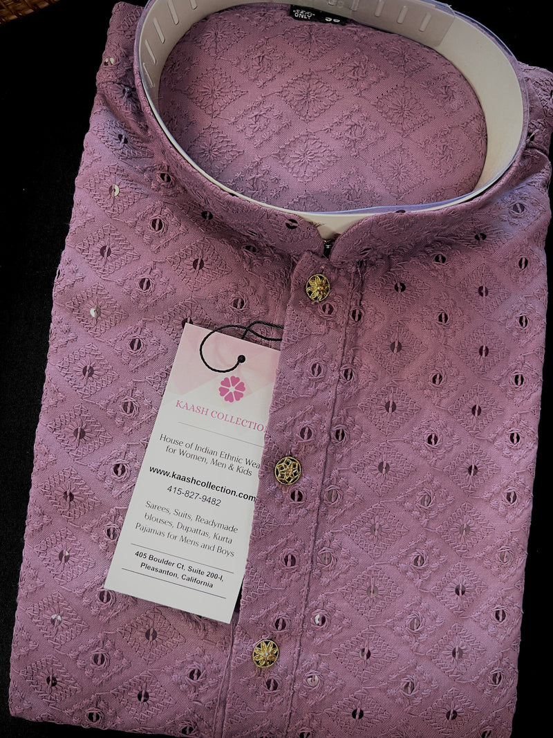 Lavender Sequin Chikhenkari Embroidery Kurta Pajama Set | Designer Indian Mens Wear | Wedding Party Wear Kurta for Men