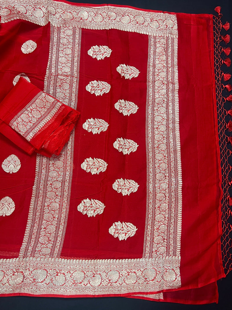 Red Color Pure Banarasi Kora Silk Saree with Muted Gold Zari Weave | Pure Kora Organza Silk Saree | Pure Silk Sarees | SILK MARK CERTIFIED