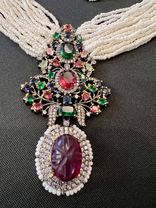 Statement Sabyasachi Inspired Bollywood Victorian Style Necklace Set in Multi Beads with Pearls String | Statement Party Wear Set for Women