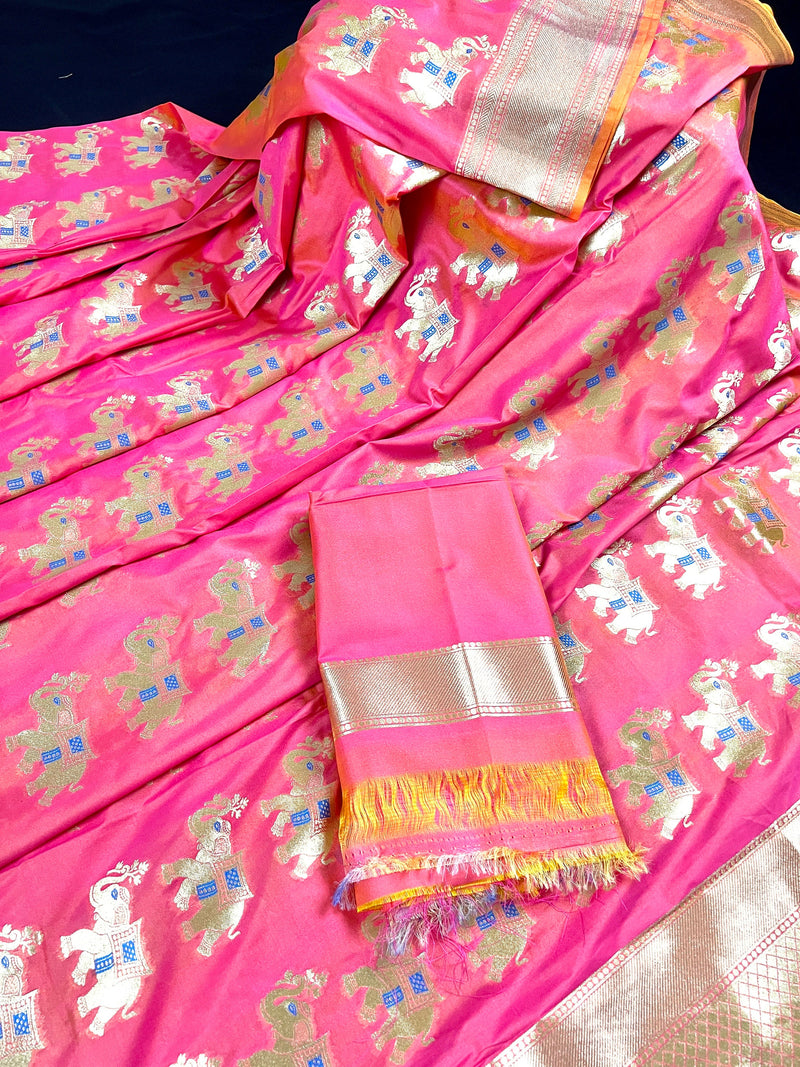 Peachy Pink Soft Banarasi Silk Saree with Meenakari Work | Elephants Motifs with Meenakari Work | Soft Silk Sarees