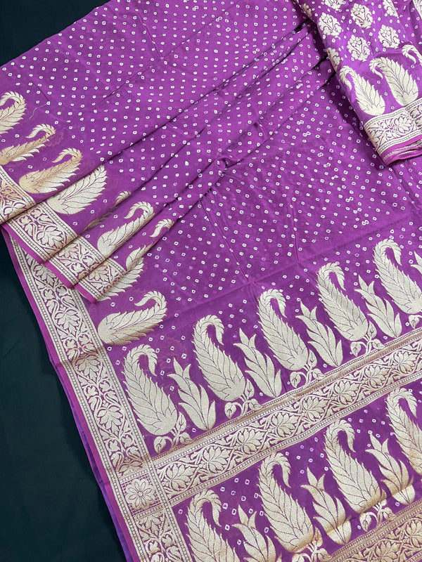 Purple Color Bandhej Saree - Banarasi Semi Dupion Silk with Work Muted Gold Zari - Handwoven Sarees - Banarasi Sarees