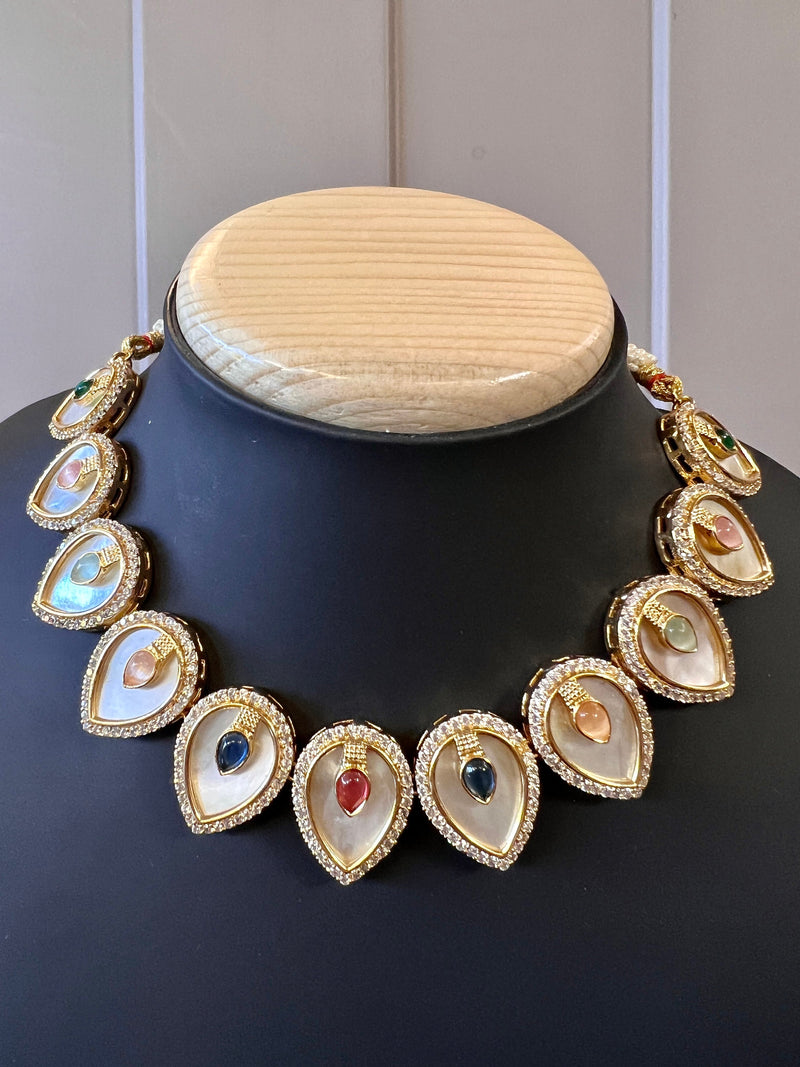 Lightweight Necklace Choker and Earrings Set in MOP Kundan | Mother Of All Kundan | Stones and Zircons | Indian Trendy and Modern Jewelry