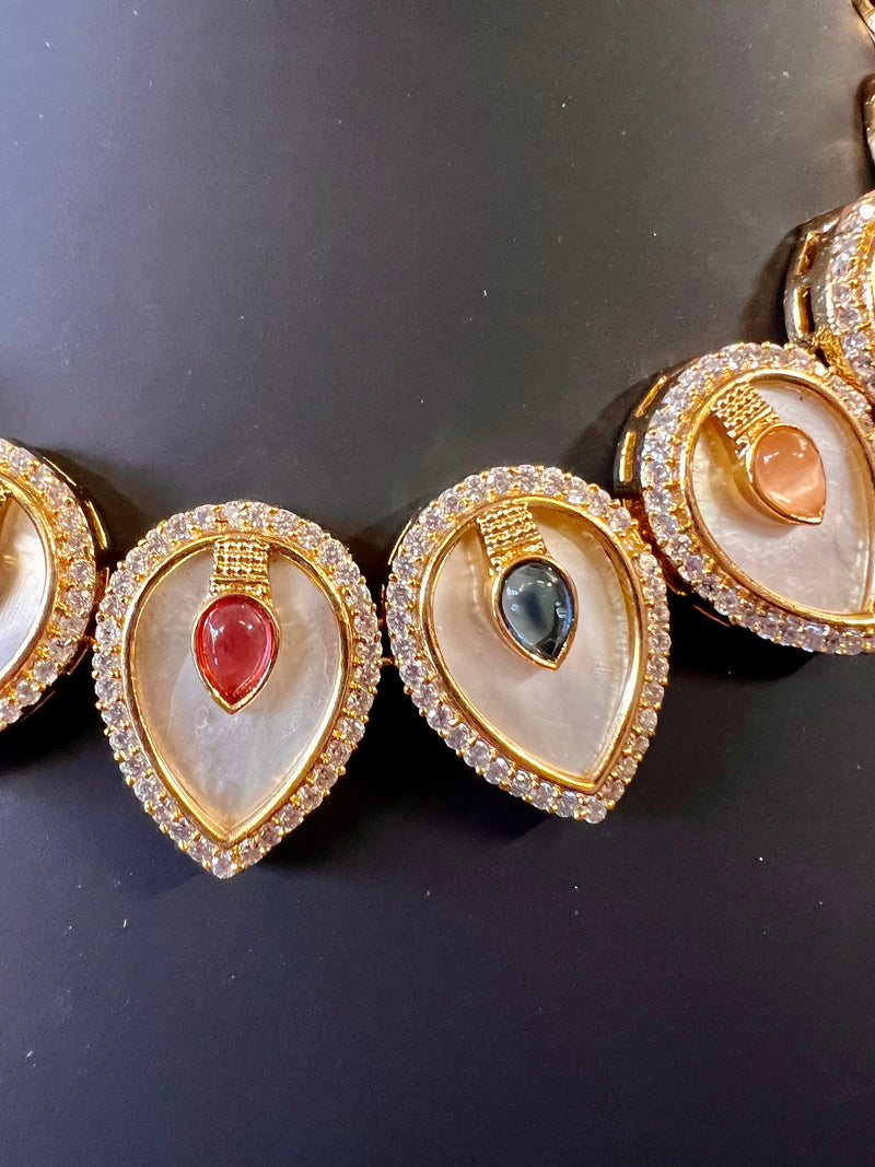Lightweight Necklace Choker and Earrings Set in MOP Kundan | Mother Of All Kundan | Stones and Zircons | Indian Trendy and Modern Jewelry