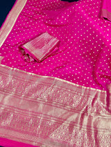 Statement Pink Color Pure Crepe  Silk Saree with Koniya design | Gold Zari Weave | Silk Mark Certified | Pure Crepe Silk Sarees