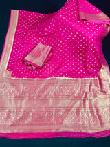 Statement Pink Color Pure Crepe  Silk Saree with Koniya design | Gold Zari Weave | Silk Mark Certified | Pure Crepe Silk Sarees