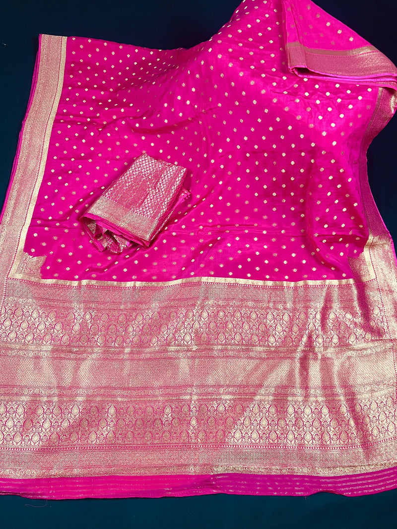 Statement Pink Color Pure Crepe  Silk Saree with Koniya design | Gold Zari Weave | Silk Mark Certified | Pure Crepe Silk Sarees