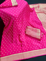 Statement Pink Color Pure Crepe  Silk Saree with Koniya design | Gold Zari Weave | Silk Mark Certified | Pure Crepe Silk Sarees