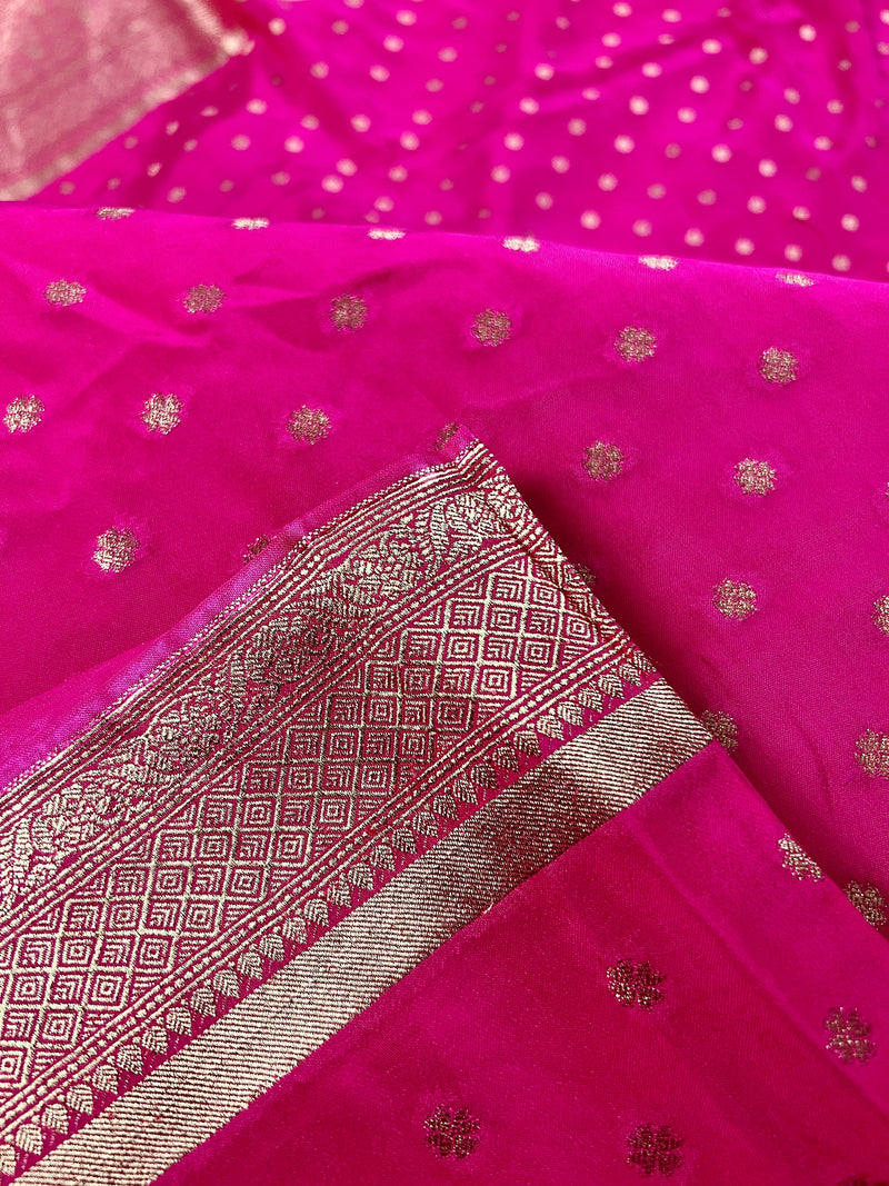 Statement Pink Color Pure Crepe  Silk Saree with Koniya design | Gold Zari Weave | Silk Mark Certified | Pure Crepe Silk Sarees