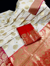 Off White with Mauve Color Borders and Red Pallu Traditional Banarasi Silk Handloom Saree with Wide Border | Floral Design with Wide Borders