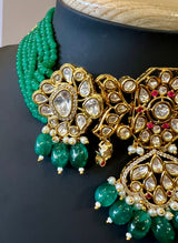 Handmade Statement Bollywood Chokar Style Necklace in Polki with CZ with Monalisa Beads in Bottle Green | Statement Party Wear Set for Women