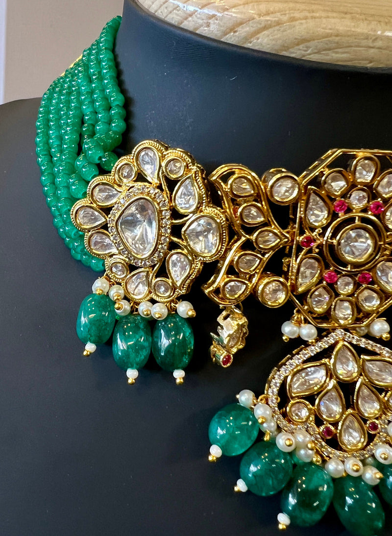 Handmade Statement Bollywood Chokar Style Necklace in Polki with CZ with Monalisa Beads in Bottle Green | Statement Party Wear Set for Women