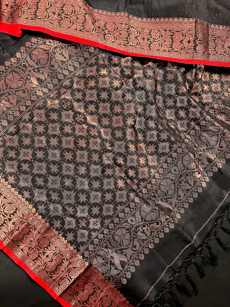 Black Color Handloom Linen Silk Saree with Red Borders and Cooper Zari Weaving  | Linen Saree  | Handwoven Sarees