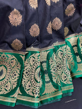 Black Saree with Green and Pink borders and Pallu | Banarasi Soft Silk Saree with Floral Buttas | Soft Silk Handloom Saree | Satin Borders