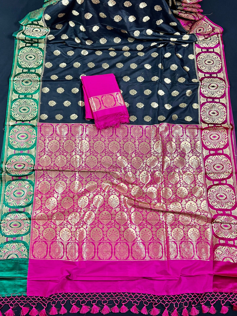 Black Saree with Green and Pink borders and Pallu | Banarasi Soft Silk Saree with Floral Buttas | Soft Silk Handloom Saree | Satin Borders