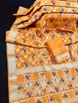 Bright Orange Color Bandhej Saree - Banarasi Semi Dupion Silk with Work Muted Gold Zari and Meenakari - Handwoven Sarees - Banarasi Saree