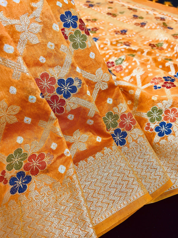 Bright Orange Color Bandhej Saree - Banarasi Semi Dupion Silk with Work Muted Gold Zari and Meenakari - Handwoven Sarees - Banarasi Saree - Kaash