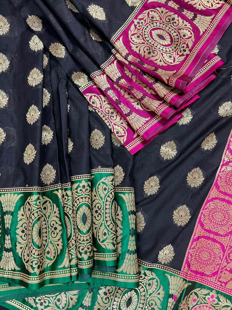 Black Saree with Green and Pink borders and Pallu | Banarasi Soft Silk Saree with Floral Buttas | Soft Silk Handloom Saree | Satin Borders