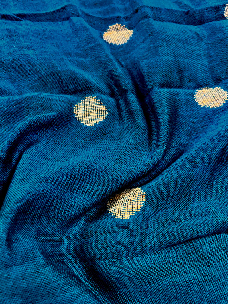 Teal Blue and Black Pure Handloom Linen Saree with Zari Border and Gicha buttis | Pure Handloom Linen Sarees | Linen Saree for Gift