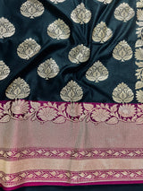 Black and Pink Soft Banarasi Saree with Red Borders with Gold Zari Floral Buttas and Rich Pallu Saree | Banarasi Saree