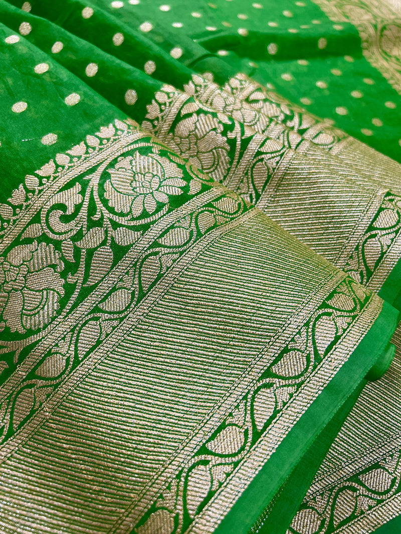 Parrot Green Color Banarasi Semi Georgette Silk Saree | Banarasi Saree | Georgette Sarees | Semi Georgette Sarees Muted Gold Zari Weave