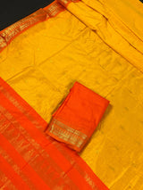 Handloom Venkatagiri Mango Yellow  with Orange Cotton Silk Saree | Venkatagiri Sarees | Cotton Silk Sarees | Temple Borders