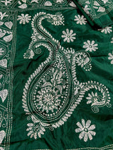 Bottle Green Bangalori Silk Saree with Hand Kantha Stitch | Handwoven Kantha Stitch Sarees | Kantha Saress | Silk Sarees | Bengal Sarees