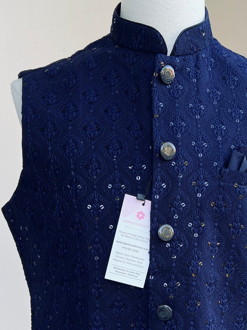 Blue Color Modi Jacket For Men | High Quality Premium Soft Cotton Silk Men Jacket for Kurtas with Embroidery Sequin