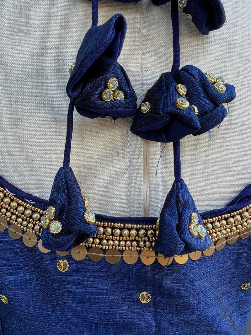 Size 36 | Navy Blue Color Raw Silk Ready to Wear Blouse | Handwork Blouses | Padded Blouse | Readymade Saree Blouses | Blue Color Blouse